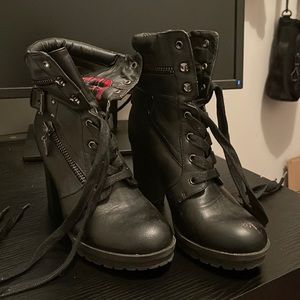 Black leather heeled boots